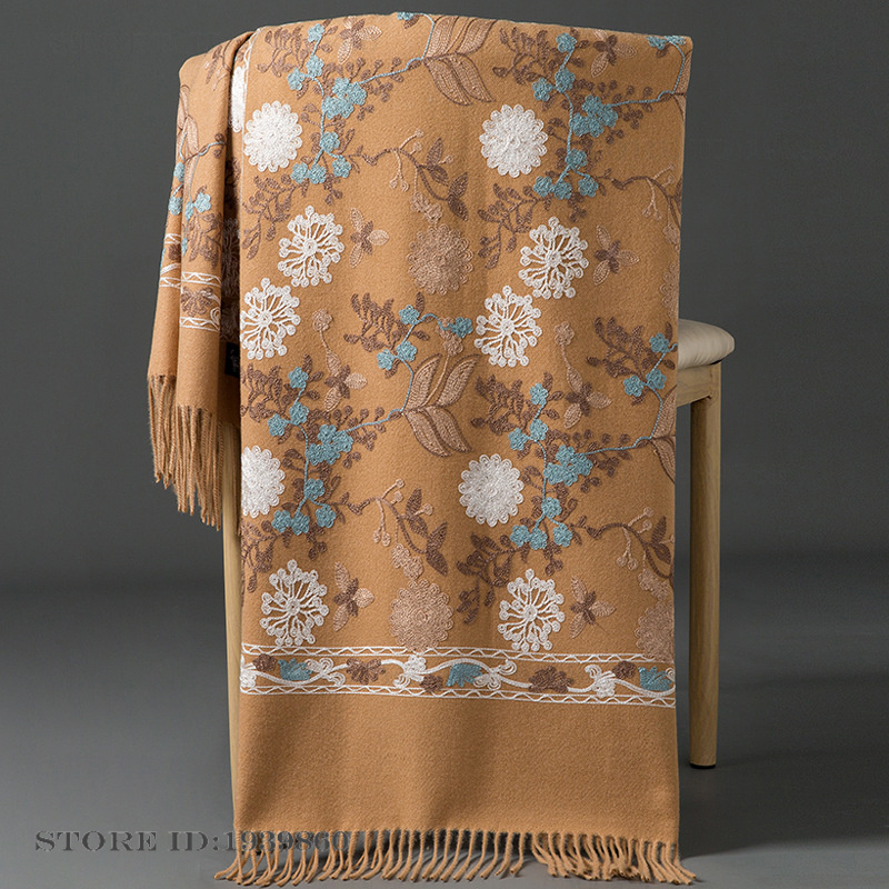Woven Scarf Blanket - 女性用カシミアパシュミナスカーフラップ刺繍花柄ロングショールケープブランケットブファンダ旅行用厚手暖かいスカーフエシャルプショール