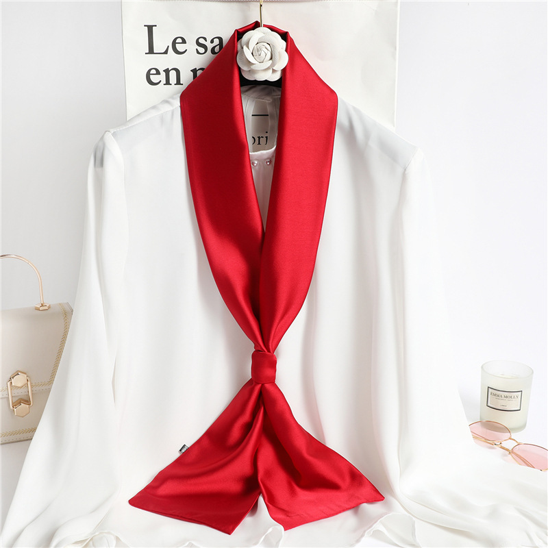 Ascot Neck Scarf - 赤い無地のロングシルクスカーフ、女性用ヘアスカーフ、シルクサテンネックスカーフ、女性用14 * 145CMヘッドバンド、無地バッグリボン、レディース