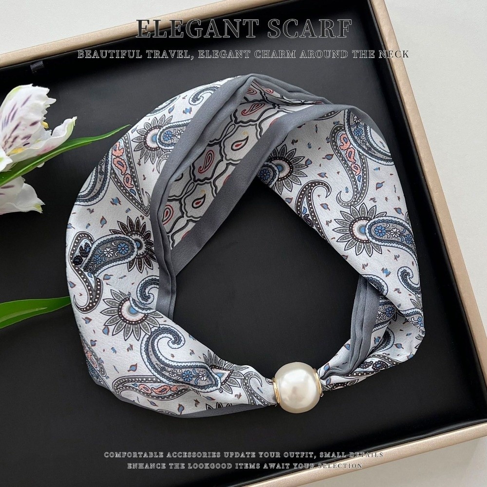 エレガントなマグネット式留め具付きパールシルクスカーフ、薄く - Silk Neck Scarf のレビューと価格